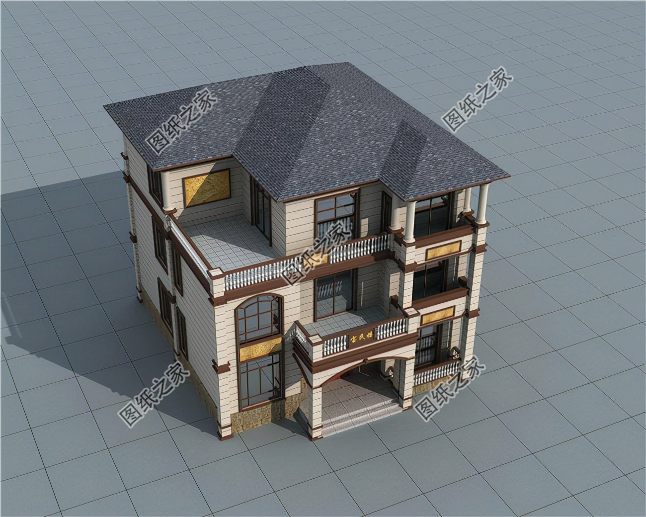 帶浮雕的農村自建三層別墅，金色浮雕是歷久不衰的美