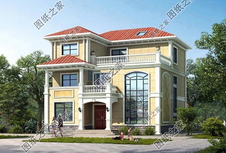 帶浮雕的農村自建三層別墅，金色浮雕是歷久不衰的美