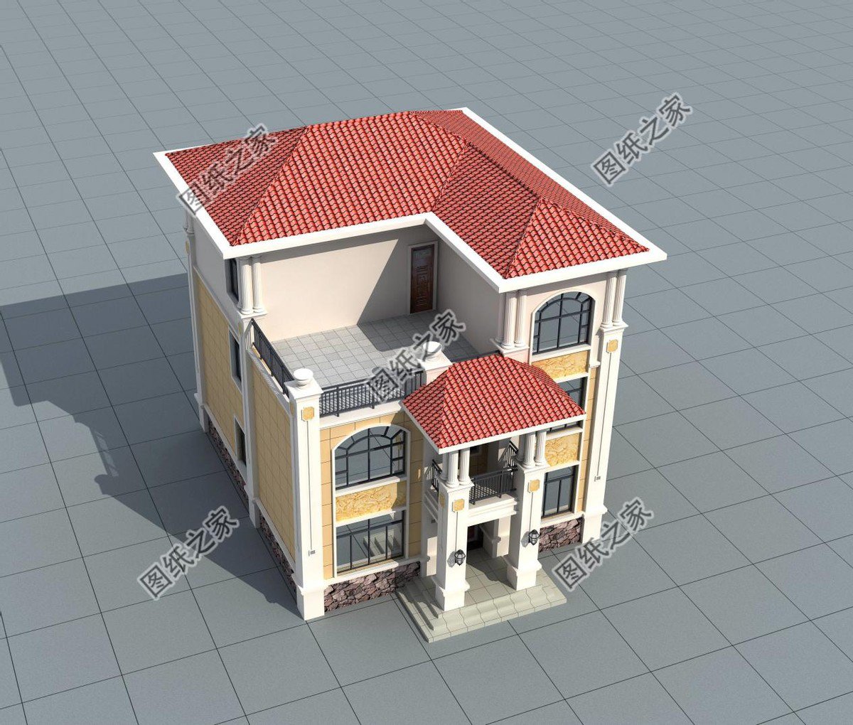 帶浮雕的農村自建三層別墅，金色浮雕是歷久不衰的美