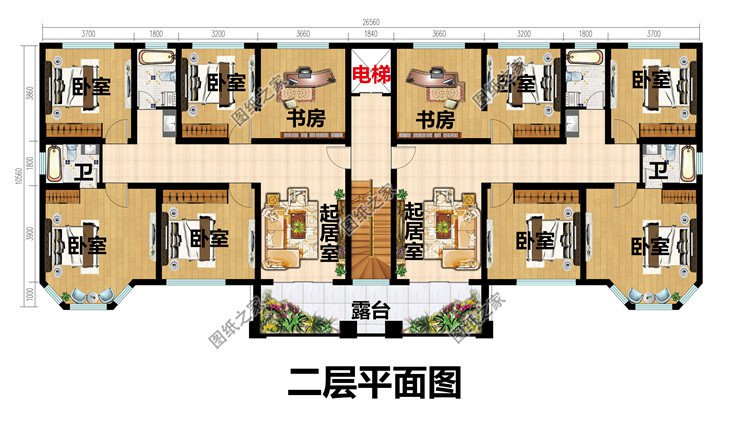 農村歐式雙拼三層別墅設計圖二層平面圖