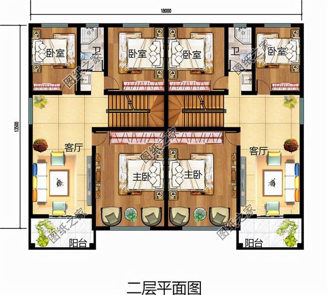 兄弟二層雙拼別墅設(shè)計(jì)圖，大家似園圃，花團(tuán)錦簇