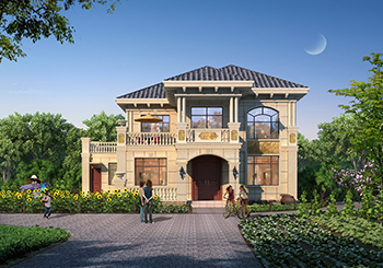 帶配房的二層鄉(xiāng)村歐式別墅設(shè)計圖，尺寸15.84×13.84米