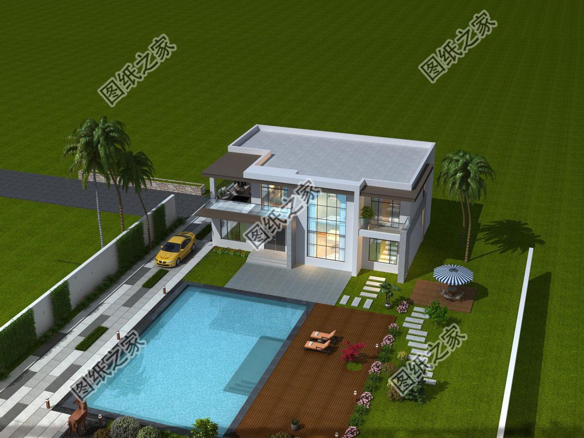 二層現代平屋頂別墅設計，大面積的露臺，居住會更舒適一些