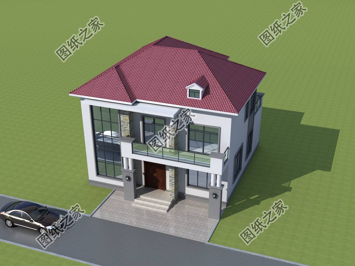現代二層別墅設計，通體白墻紅瓦，簡約大方