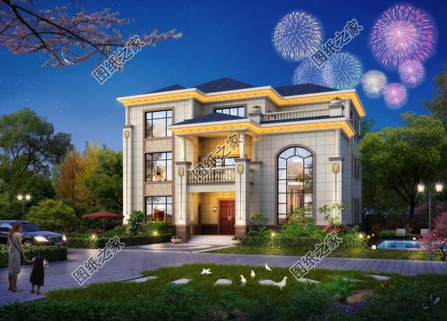 農村三層歐式別墅，白色墻體與藍灰色坡屋頂搭配和諧，增添浪漫感