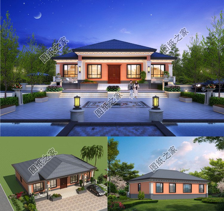 農村一層別墅施工圖效果圖