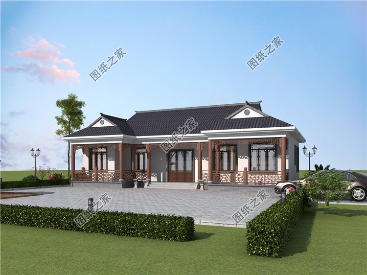 農村中式一層合院自建房設計圖外觀圖