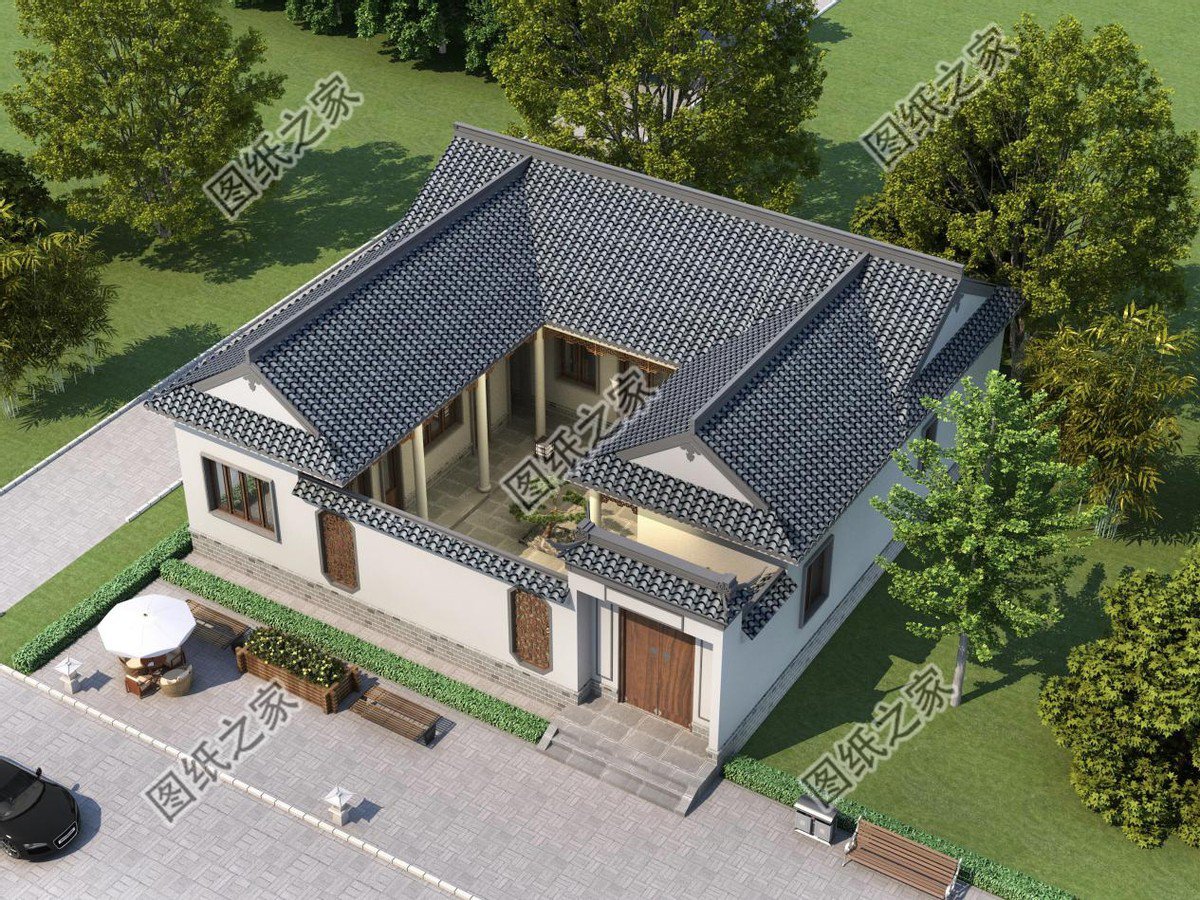 一層合院農村別墅設計，一家人住在一起，非常有氣氛