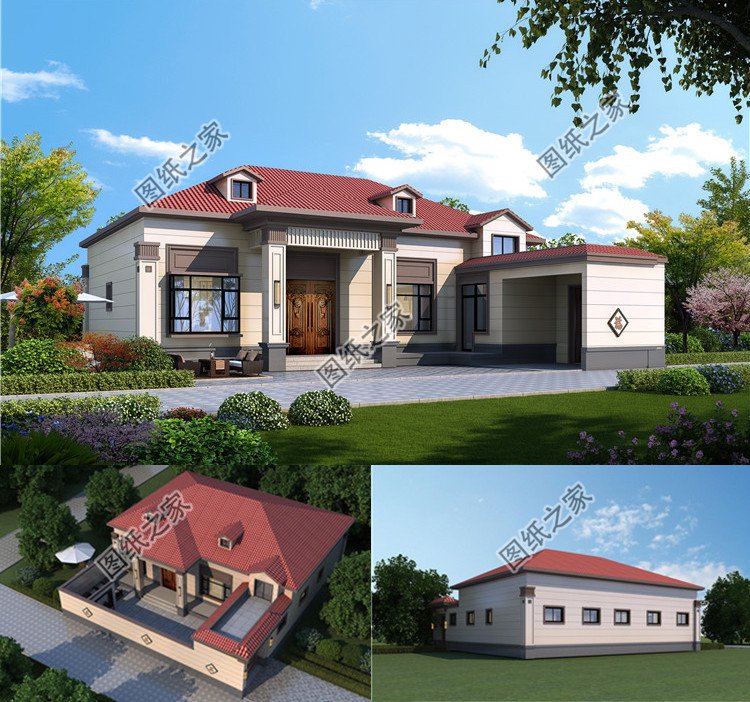 7字型一層半農村別墅設計圖外觀圖