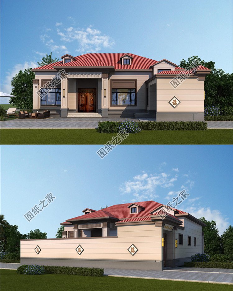 7字型一層半農村別墅設計圖效果圖