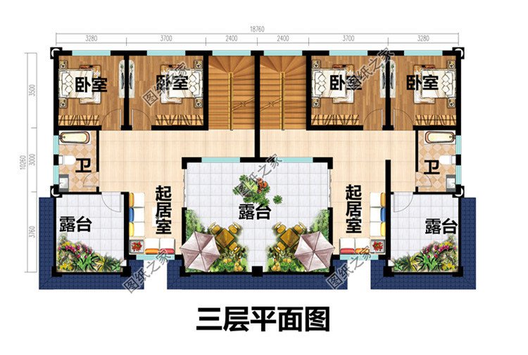 18.76x10.26米農村三層歐式雙拼別