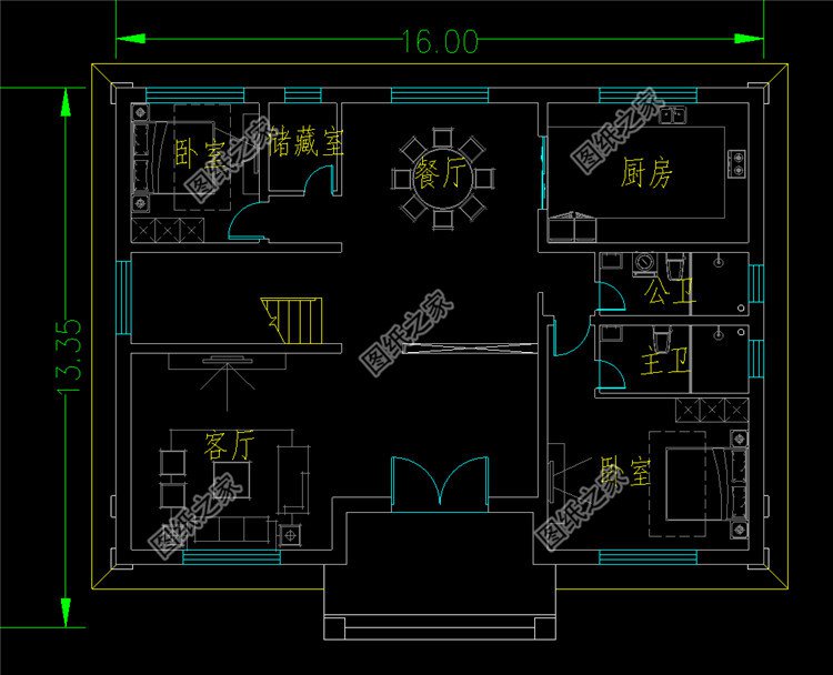 16米方正實用二層別墅設計圖一層平面圖