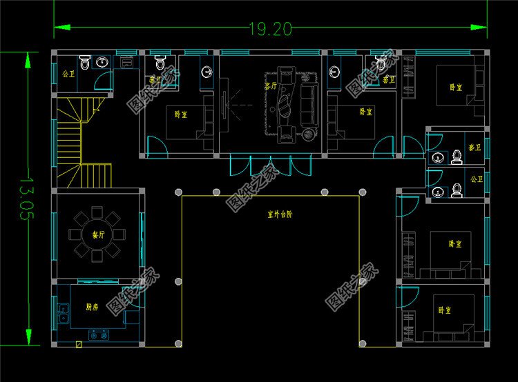 簡約農村中式四合院別墅二層設計圖一層