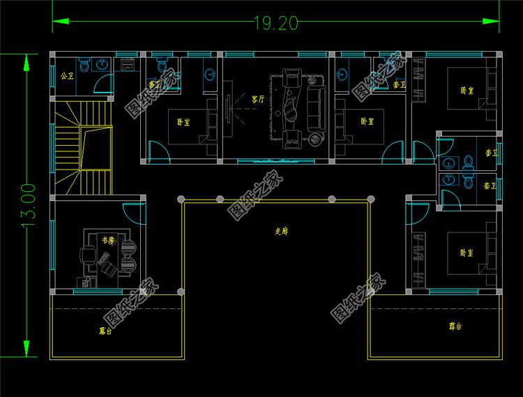 簡約農村中式四合院別墅二層設計圖二層