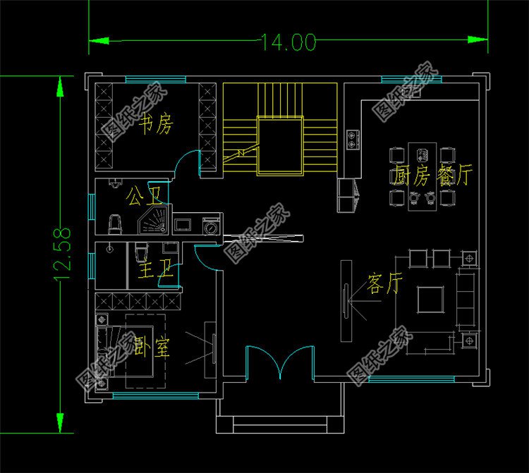 14x12.5米二層農村別墅設計圖一層