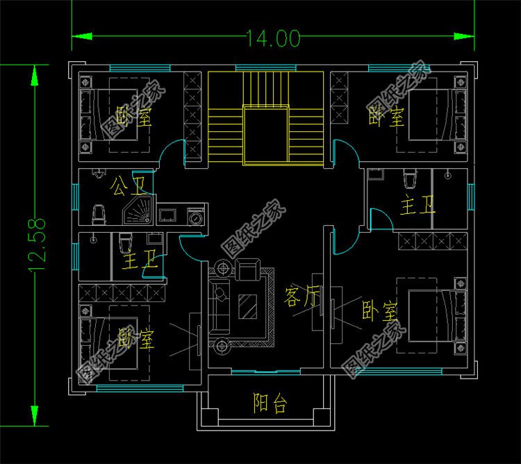 14x12.5米二層農村別墅設計圖二層