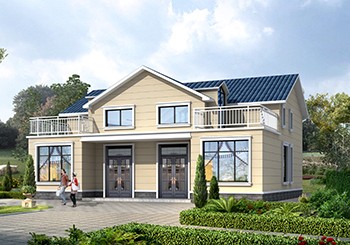 二層雙拼別墅外觀效果圖及施工圖，帶露臺，14乘12米