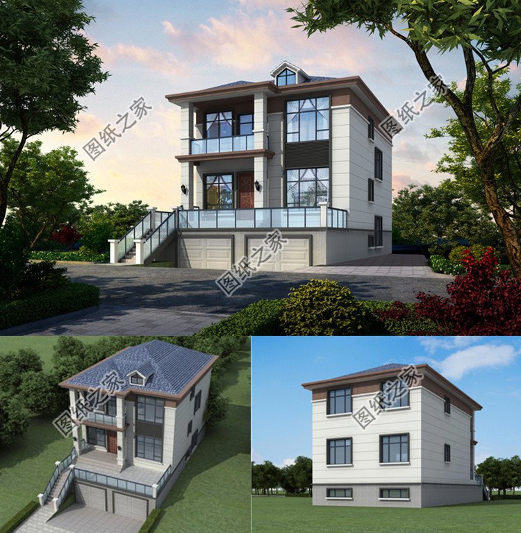 9&times;16米帶架空層二層現代別墅效果圖