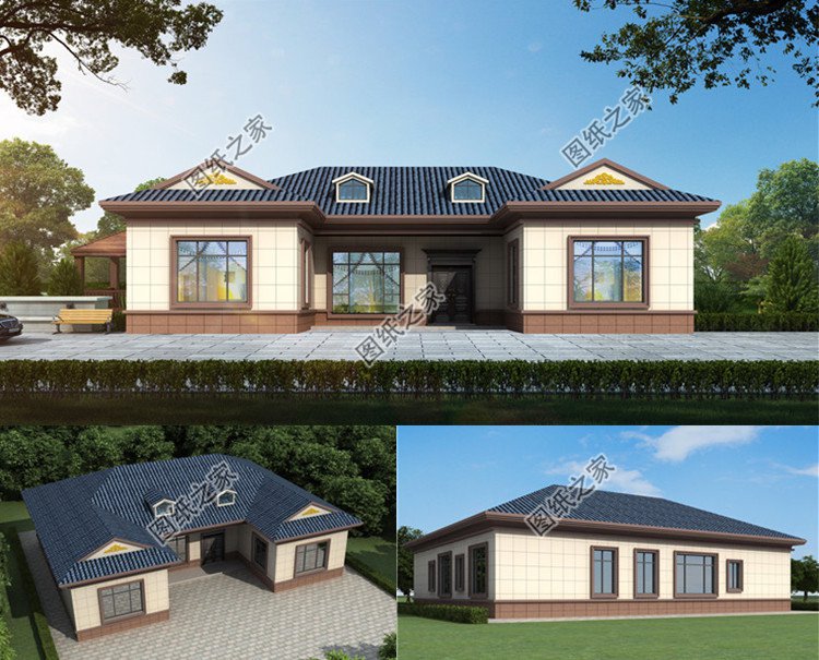 農(nóng)村一層中式三合院別墅設(shè)計(jì)圖效果圖