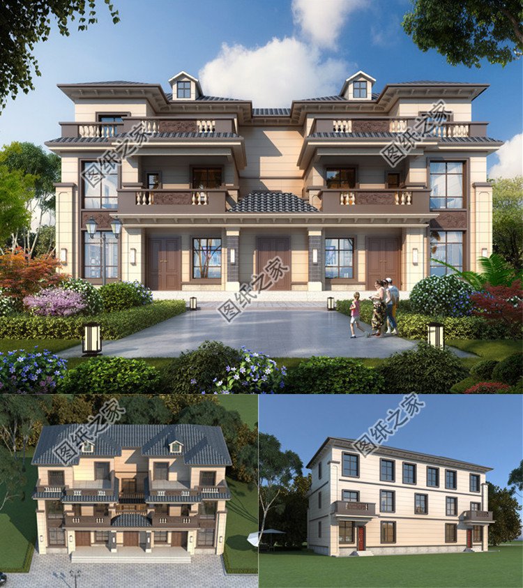 20米&times;13米三層雙拼別墅設計圖效果圖