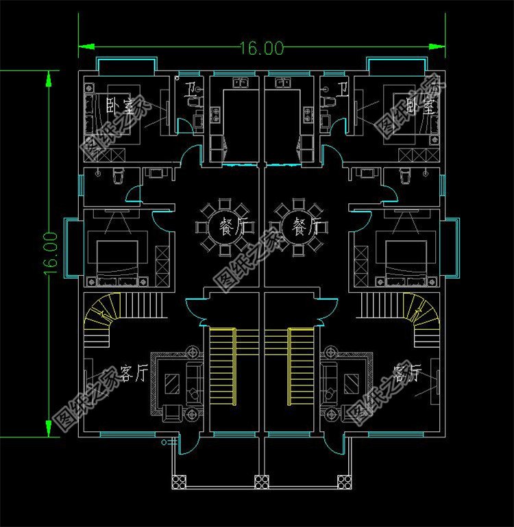 帶雙露臺帶車庫雙拼別墅設計圖二層