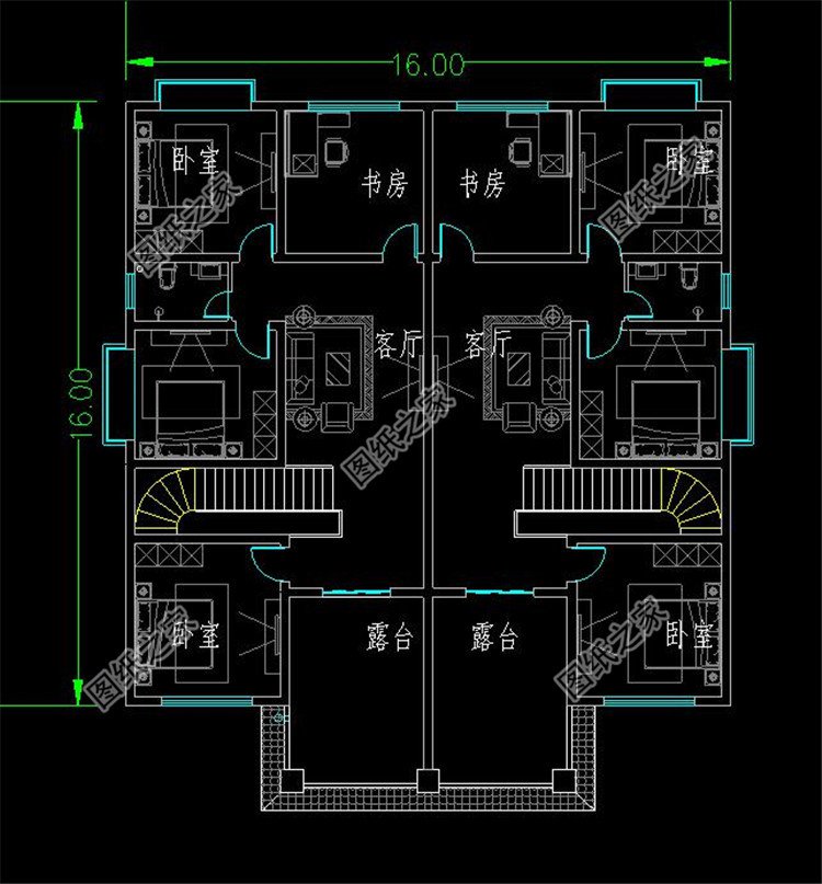 帶雙露臺帶車庫雙拼別墅設計圖三層