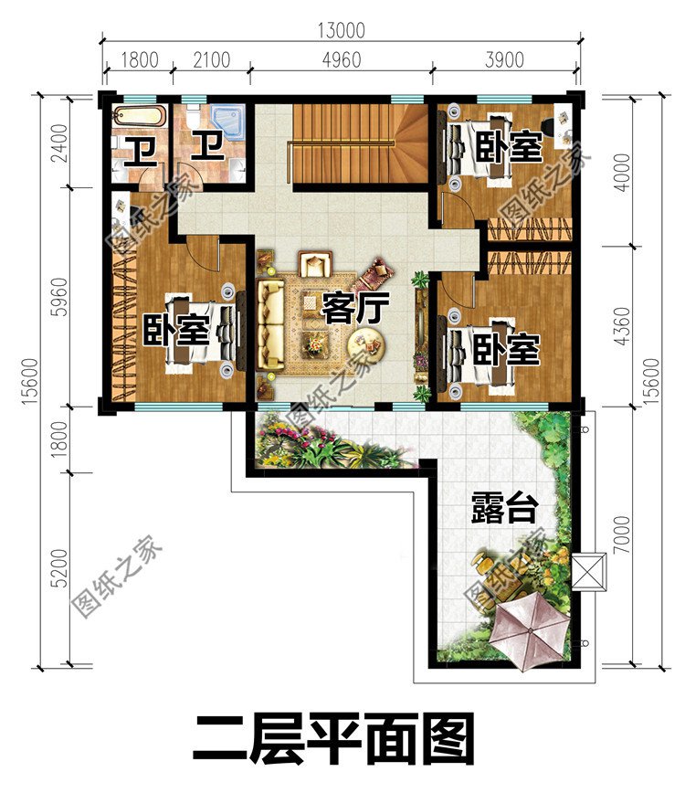 “L”字形二層別墅設計圖二層