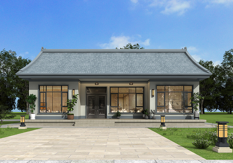 面寬14米進(jìn)深11米坡屋頂一層農(nóng)村別墅設(shè)計(jì)圖，造型新穎